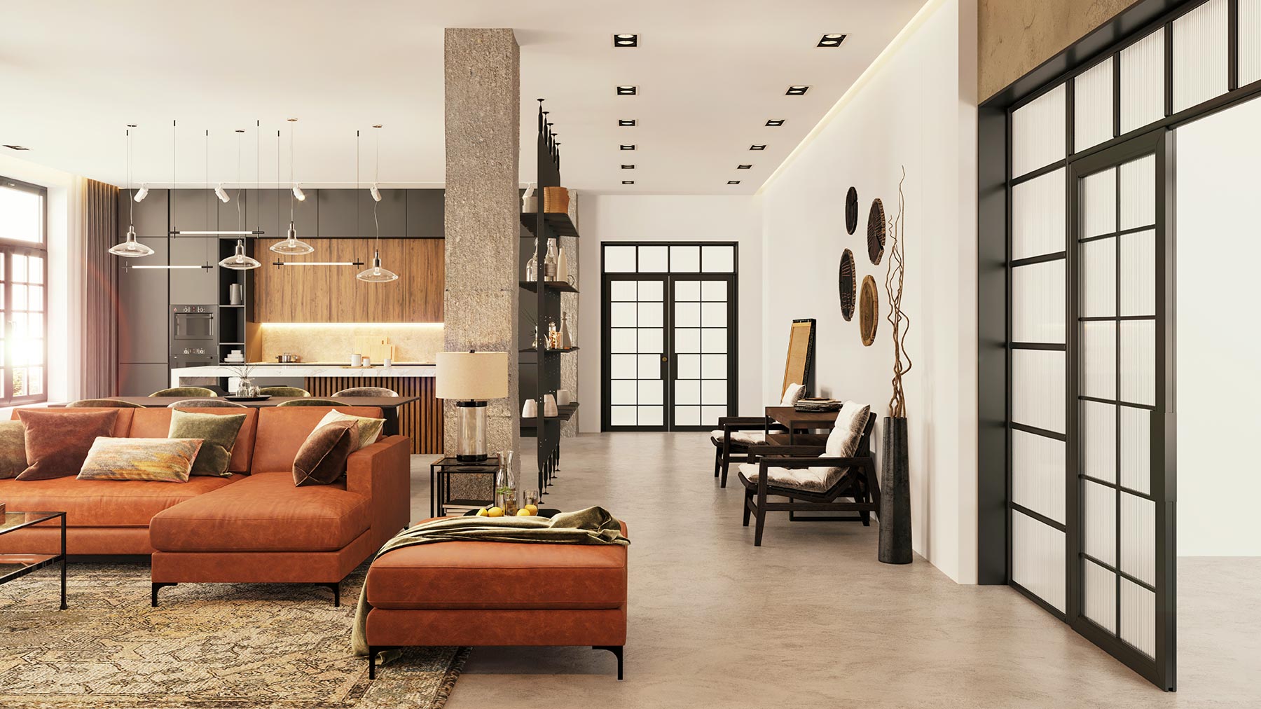 Großzügiges Wohnzimmer mit Lofttüren und industriellem Design